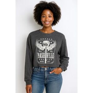 Nashville Music City Cropped Graphic Pullover Charcoal Gray Soft Knit Top M/L
